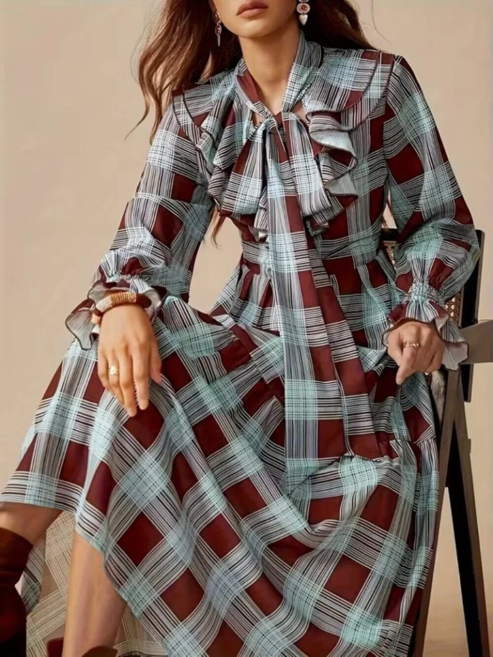 Plaid Boho Spilled Ruffle Collar Maxi Dress